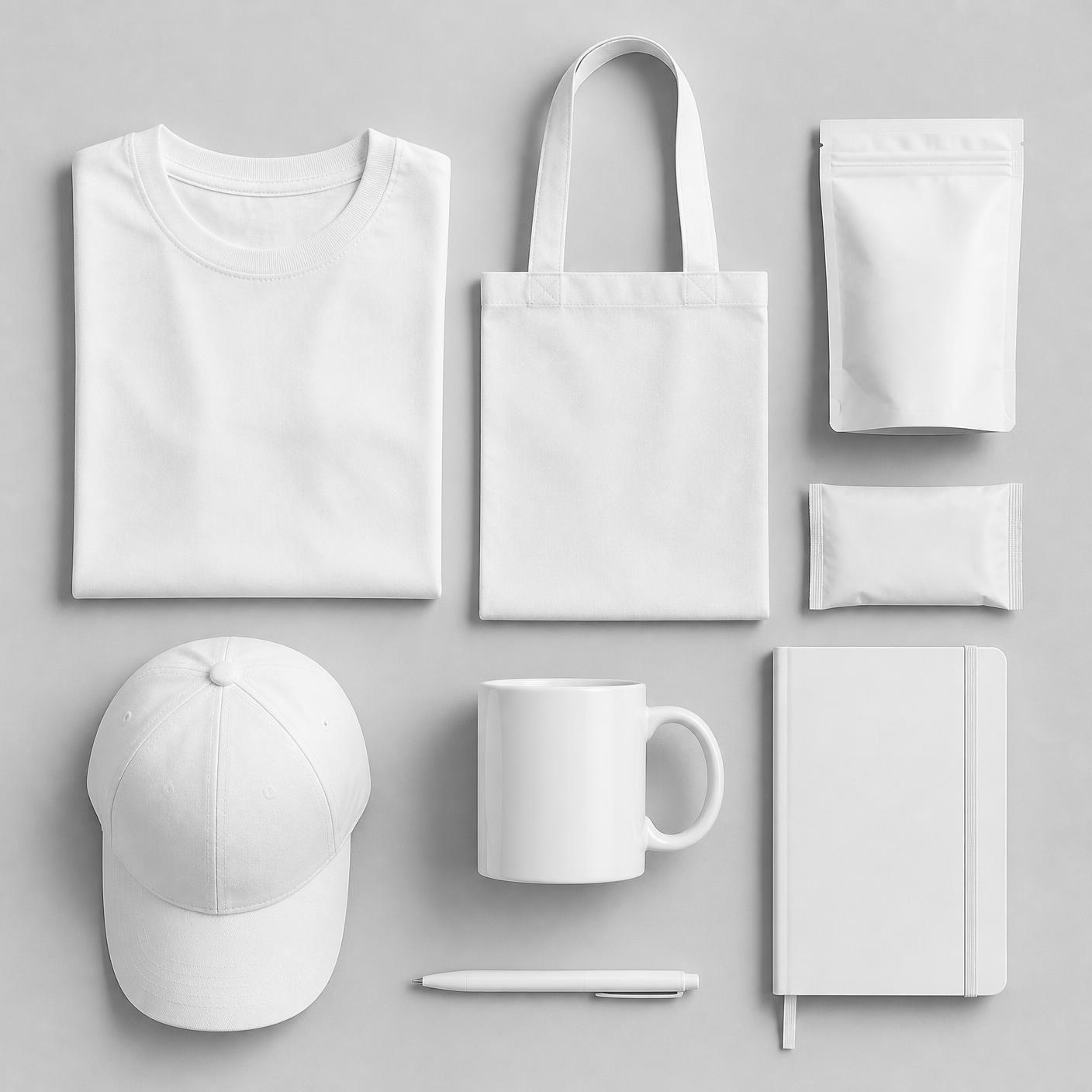 Flat lay of blank white branded merchandise: t-shirt, tote, mug, cap and packaging